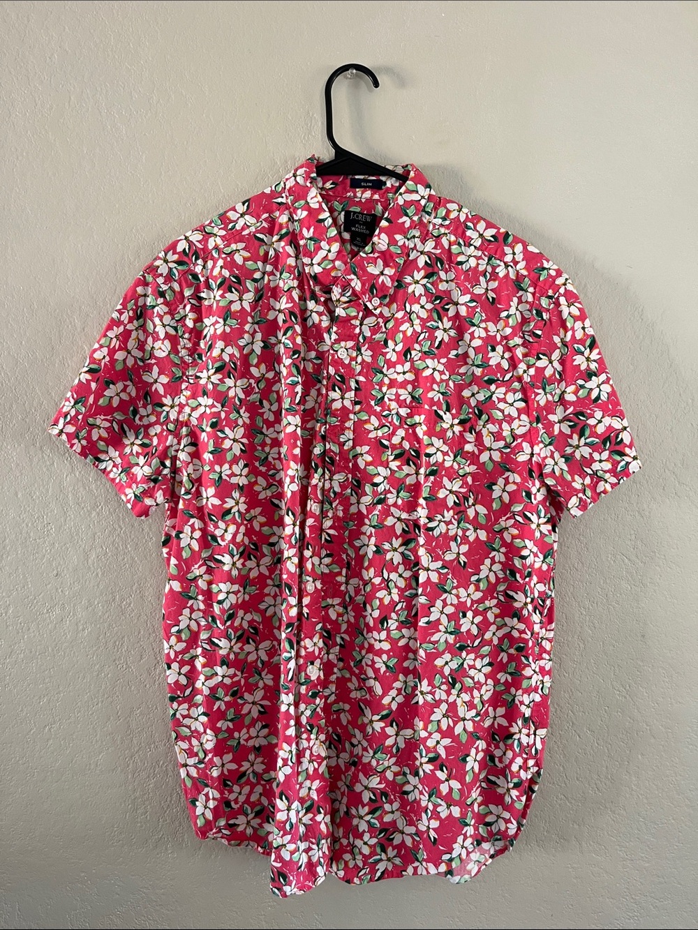 J. Crew Pink Floral Short-Sleeve Button-Down Shirt with White Blossoms